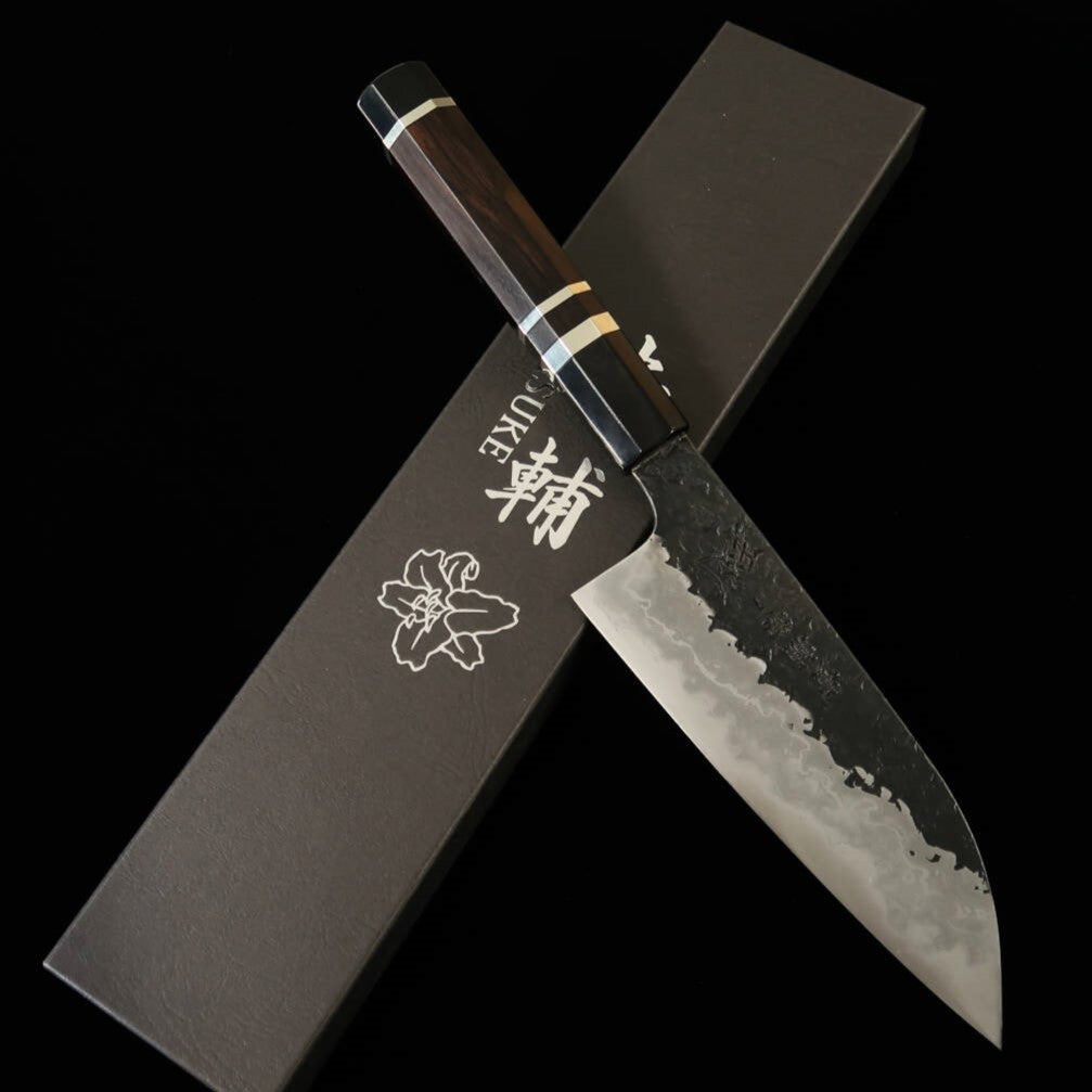 Kisuke KISUKE Enn forja de cuchillos Manaka Santoku Aogami nº1 acabado martillado damasco Kasumi auténtico mango de ébano con anillo de plata (160 mm)