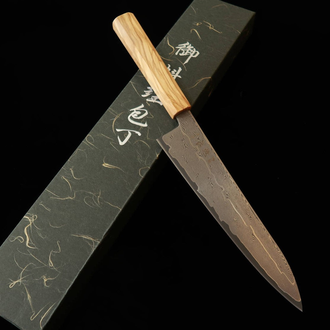 Hatsukokoro Gyuto Ginga 3 Damascus Olive Octagonal Handle (210mm)