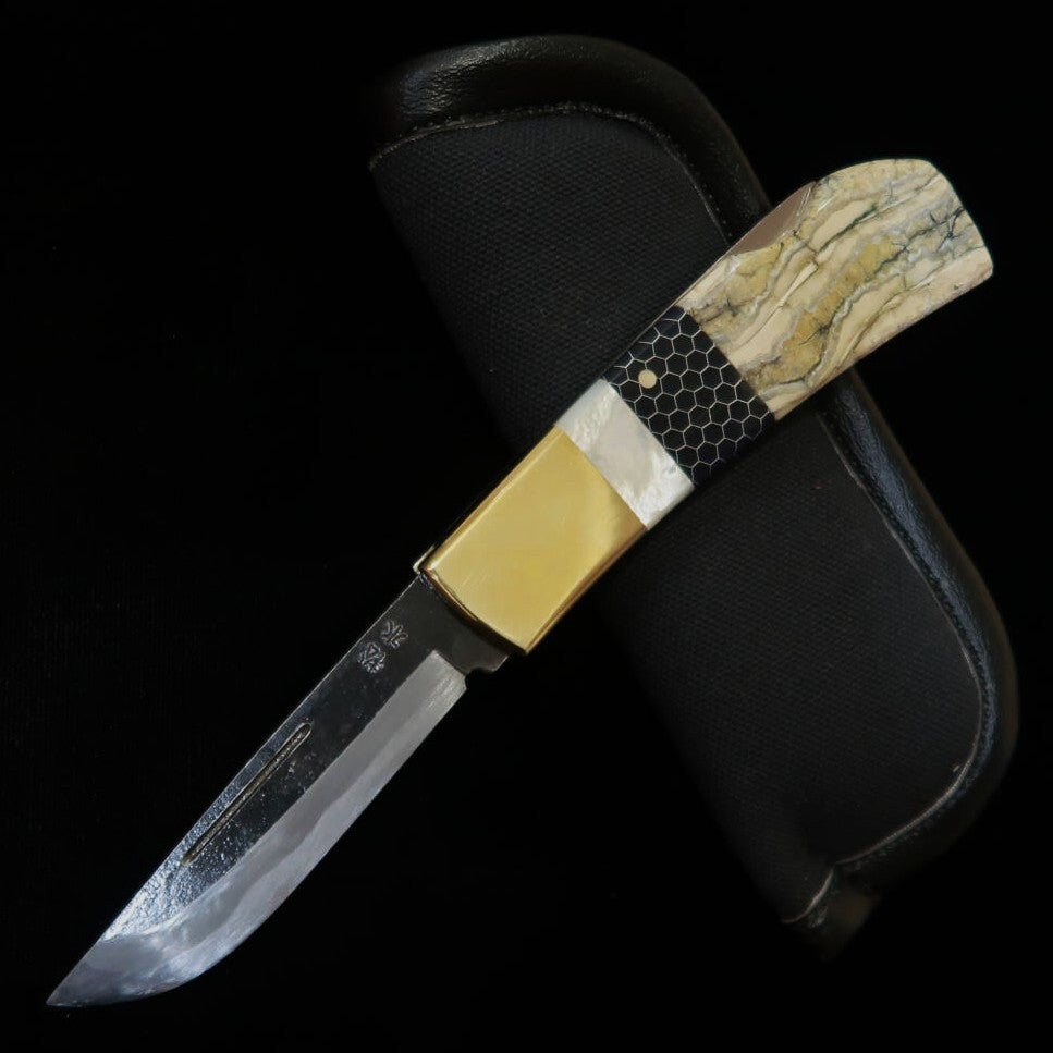 武田刃物TAKEDA 備中手打ち鍛冶 稲垣文雄作 バックロックフォルダーナイフ パール/マンモストゥース/ハニカム