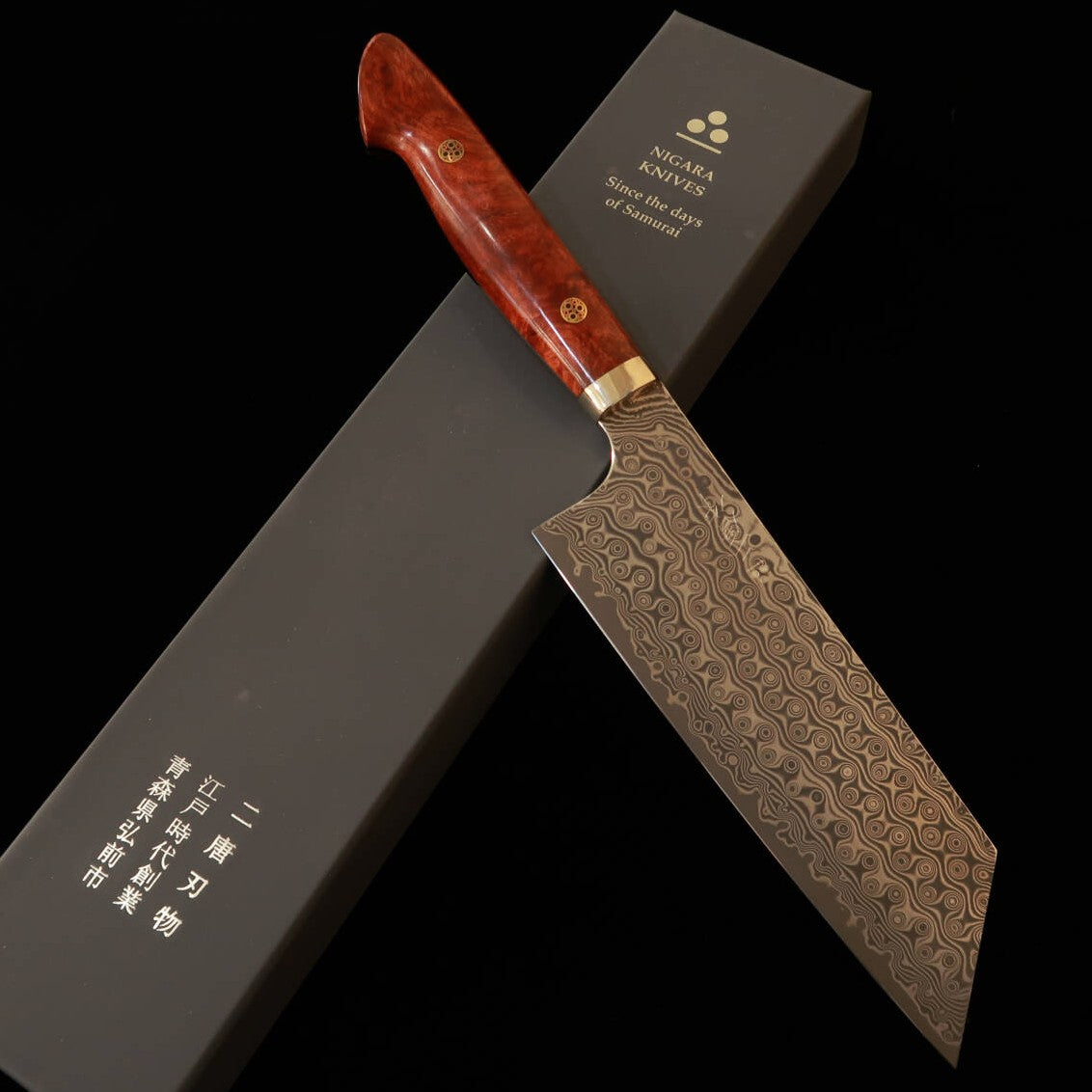 NIGARA Kiritsuke Nakiri SG2 Damascus Steel Knife with Dark Pattern, Rosewood Handle (180mm)