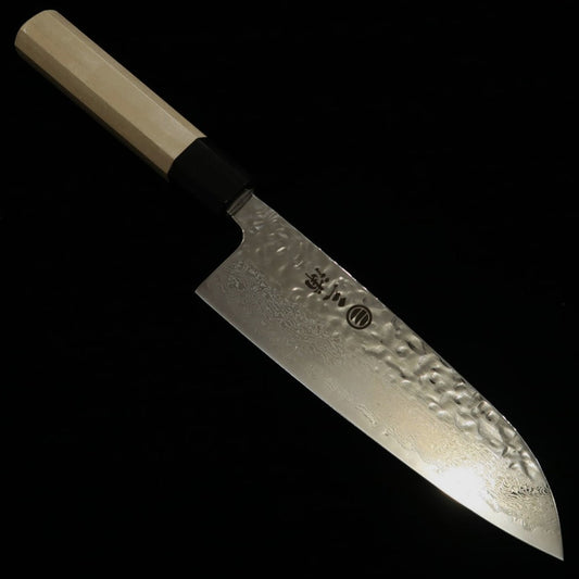 Miura Santoku AUS10 (10A) Mirror-Finished Hammered Damascus Steel with an Octagonal Magnolia Handle (165mm)