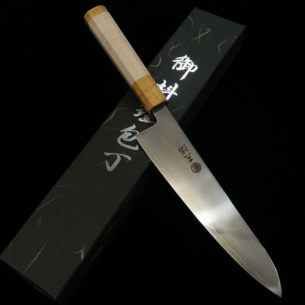 Gyuto MIURA Hikari SLD acabado pulido, mango de arce doble aro -amarillo- (195 mm)