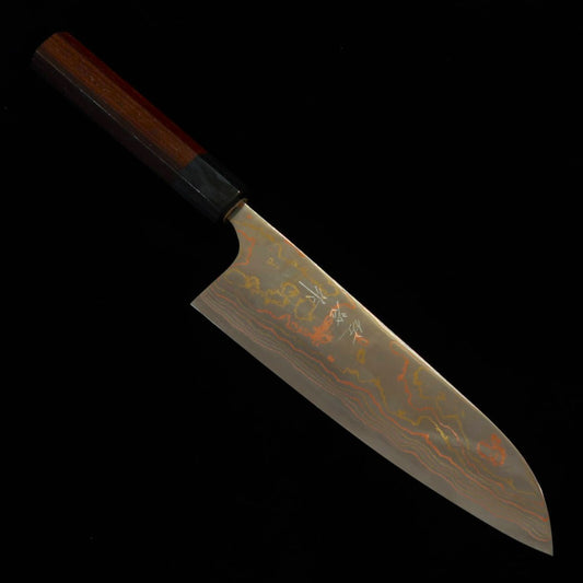 Saji Takeshi SAJI TAKESHI Aogami No.2 Damas coloré Santoku Manche Octogonal en Bois de Santal Violet (180 mm)