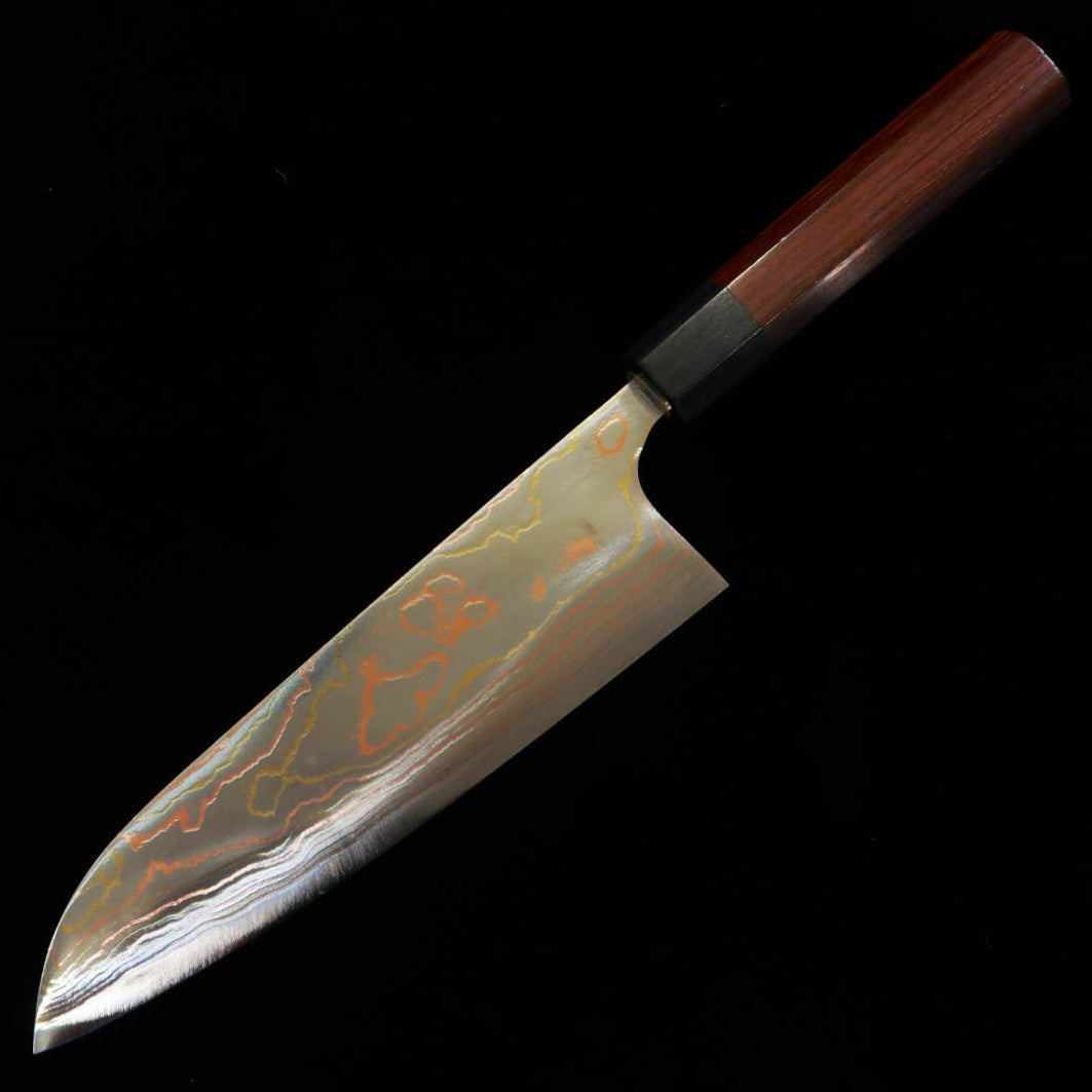 佐治武士SAJI TAKESHI 青二鋼 有色ダマスカス 三徳 紫檀八角柄 (180mm)