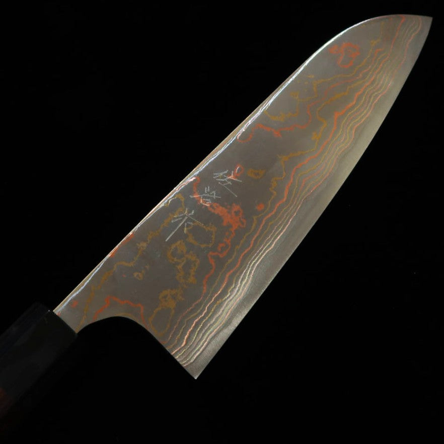 佐治武士SAJI TAKESHI 青二鋼 有色ダマスカス 三徳 紫檀八角柄 (180mm)