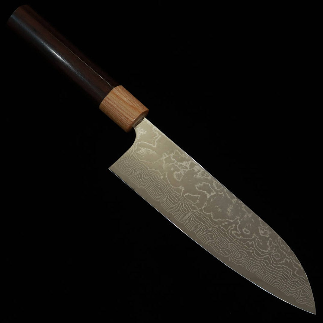 Yuta Katayama VG10 Damasco acabado pulido Santoku mango en forma de castaña de palisandro (170mm)