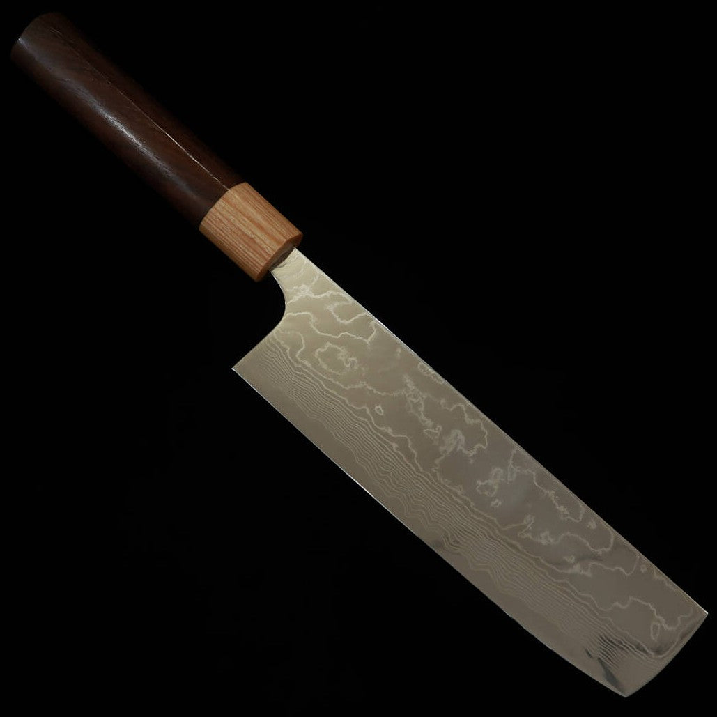 Nakiri Yuta Katayama VG10 acabamento polido em damasco e cabo de jacarandá castanho (170mm)