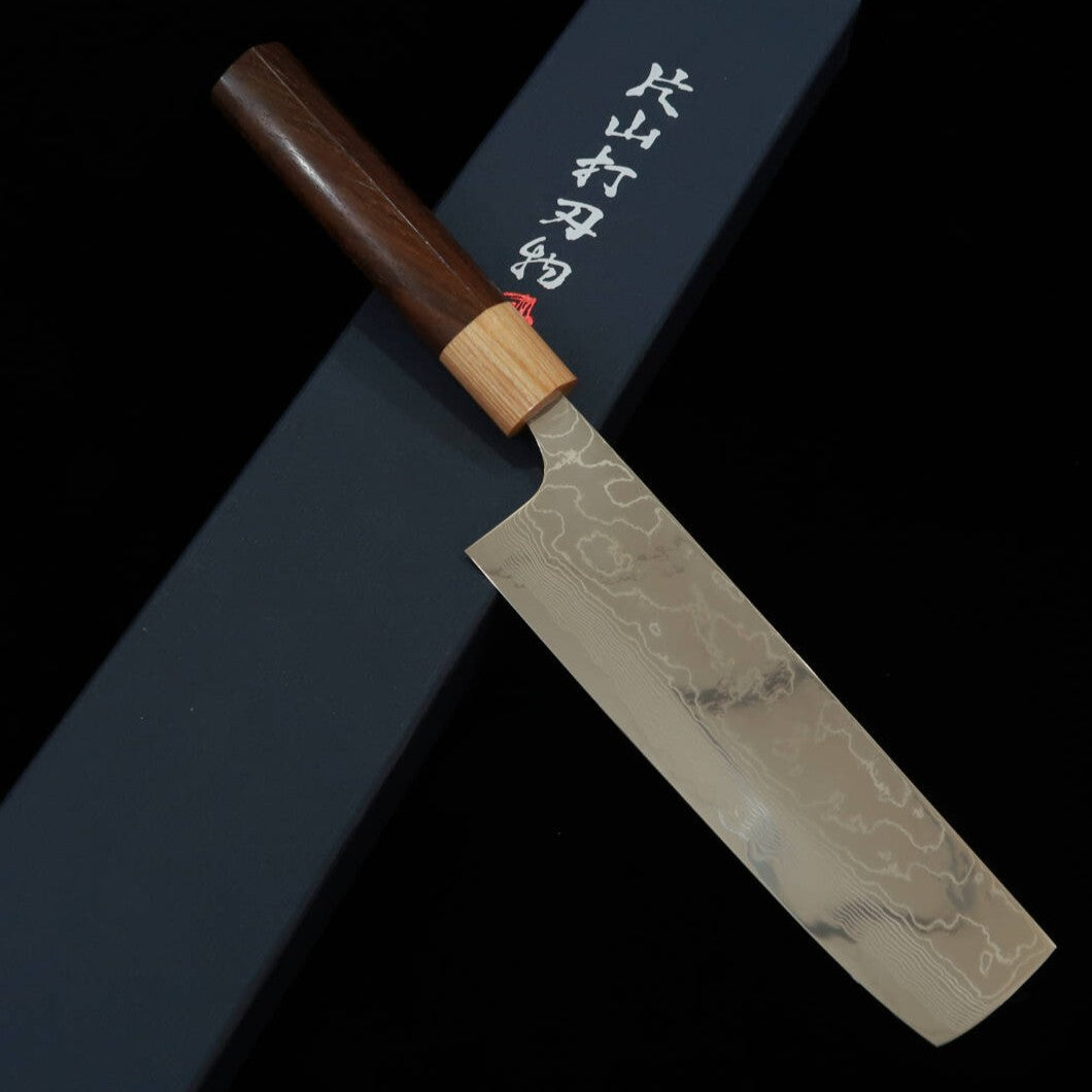Nakiri Yuta Katayama VG10 acabamento polido em damasco e cabo de jacarandá castanho (170mm)
