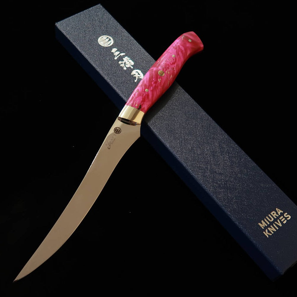 Asurah Knives × 三浦 MIURA SUS420J2 鏡面仕上げ カスタムハンドル ピンク フィレナイフ (160mm)