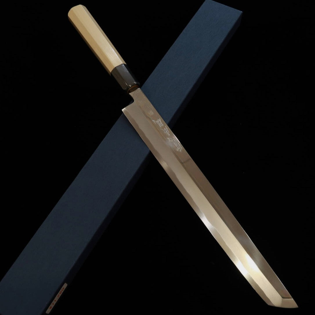 【OUTLET】酔心疾風絆シリーズ 鮪柳刃 青紙二号 朴八角柄 (300mm) 傷有り