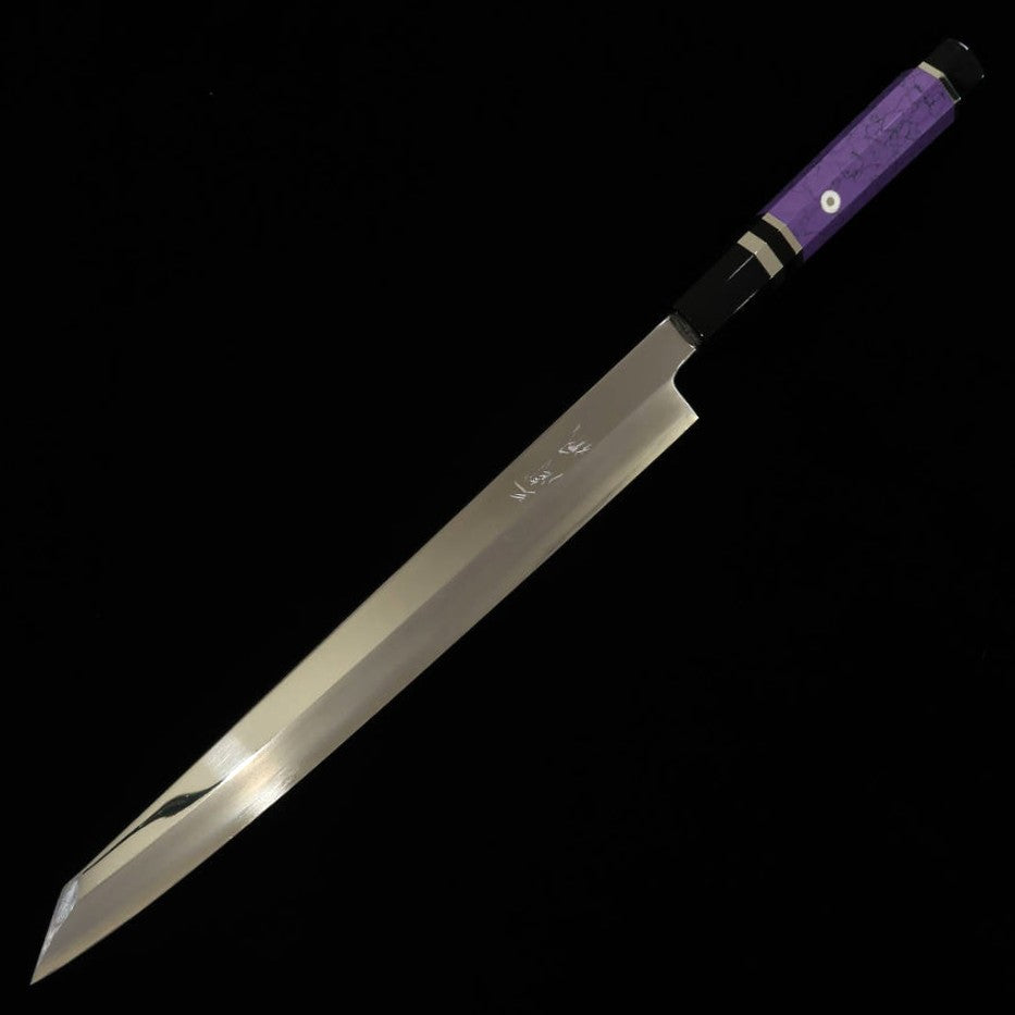 Kiritsuke Yanagiba MIURA Obidama Filo unilateral para zurdos, Ginsan no. 3, acabado espejo, mango personalizado -púrpura- (270/300 mm)