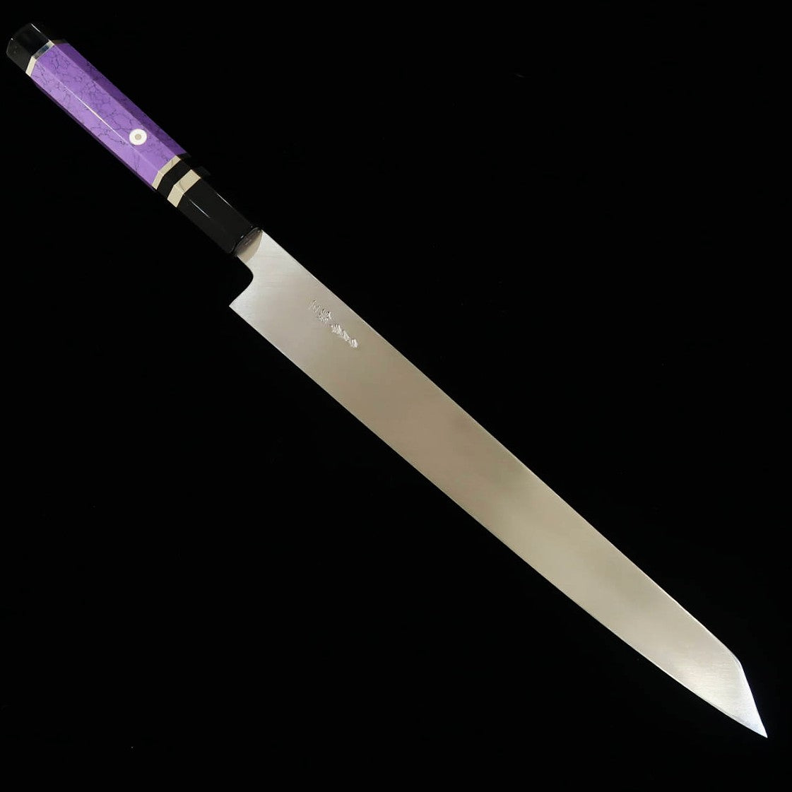 Kiritsuke Yanagiba MIURA Obidama Filo unilateral para zurdos, Ginsan no. 3, acabado espejo, mango personalizado -púrpura- (270/300 mm)