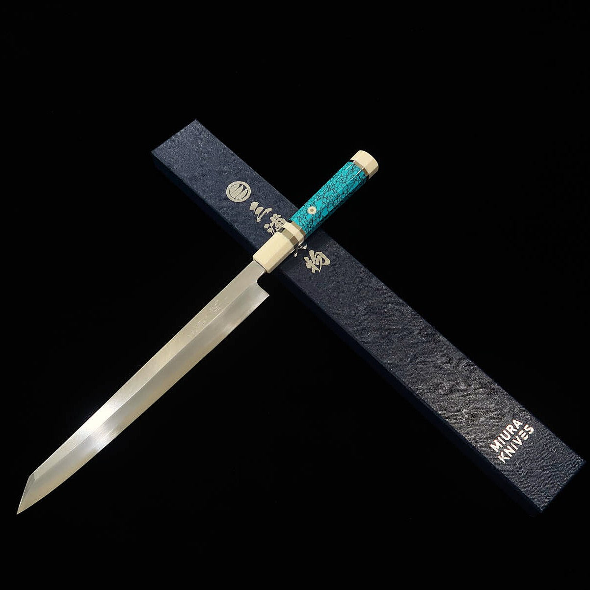 Kiritsuke Yanagiba Para canhotos MIURA Obidama Ginsan Cabo turquesa (300mm)