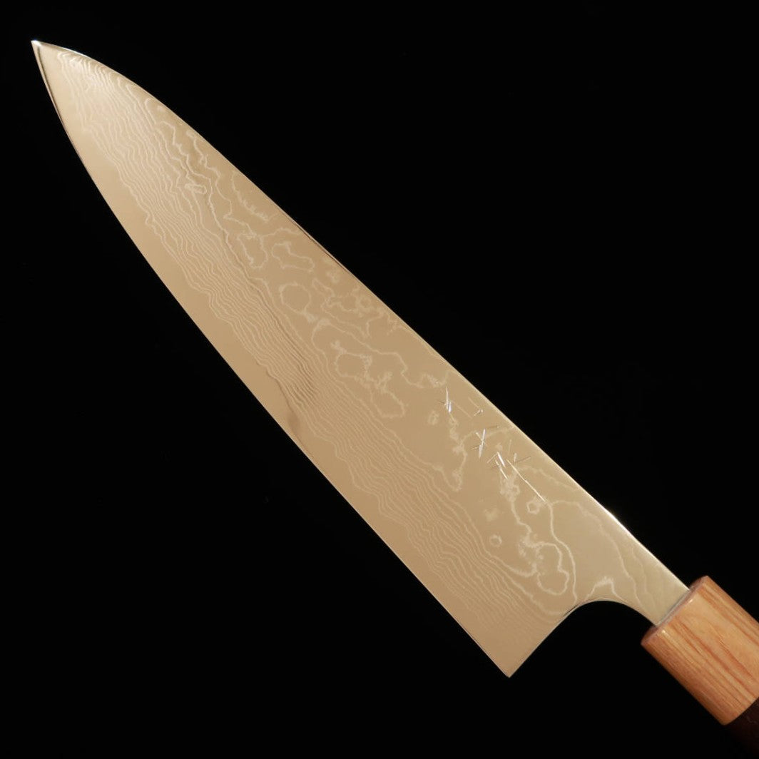 Gyuto Yuta Katayama Inox VG10 com acabamento polido em damasco e cabo de jacarandá castanho (210/240mm)