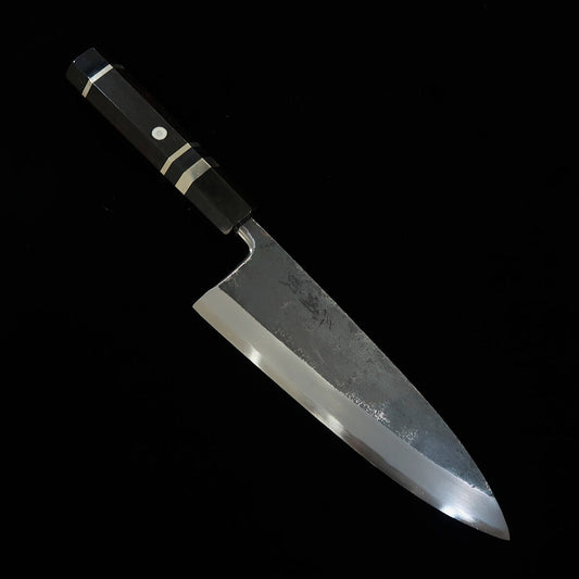 Miura Itadaki Deba Knife, Shirogami No. 2, Black Finish, Ebony and Silver Handle (180mm)
