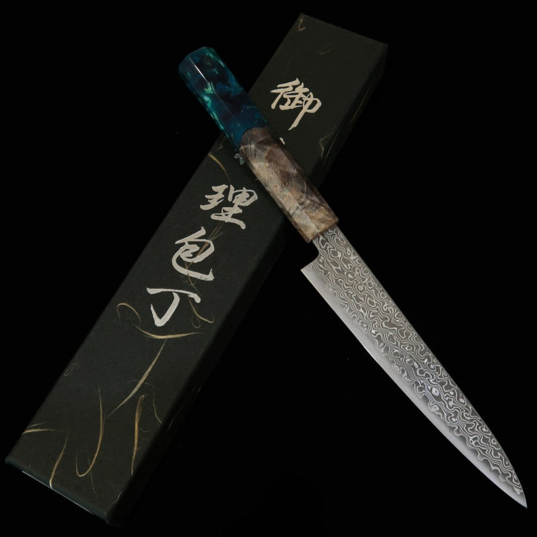 三浦MIURA ペティ VG10 鎚目 ニッケルダマスカス 黒スタビライズ青緑樹脂柄(150mm)