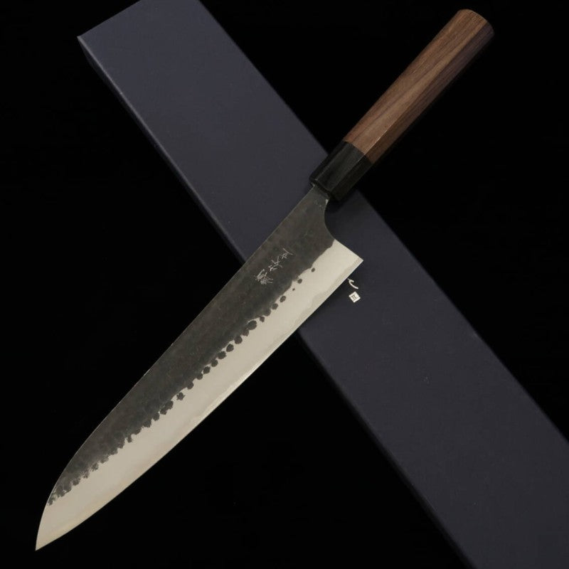 ANRYU Gyuto acier bleu super, martelé, finition noire, manche octogonal en bois de rose (210/240 mm)