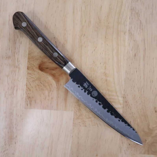 Petty MIURA Aogami Super damasco martillado negro, mango laminado marrón oscuro (135/150mm)