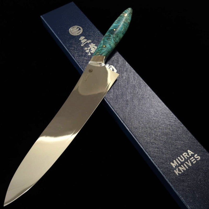 Gyuto Asurah Knives × Miura VG10, acabado espejo, mango personalizado verde (240 mm)