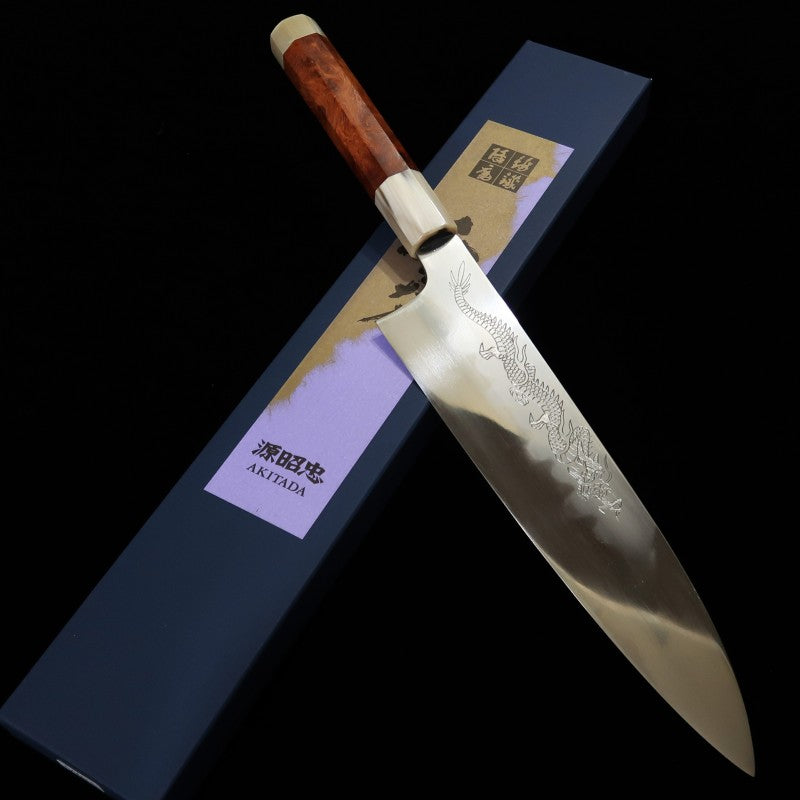 水野鍛練所 MIZUNO 源昭忠 青紙一号 本焼DX 牛刀 鏡面 龍刻印入り ブビンガ瘤八角柄 (240mm)