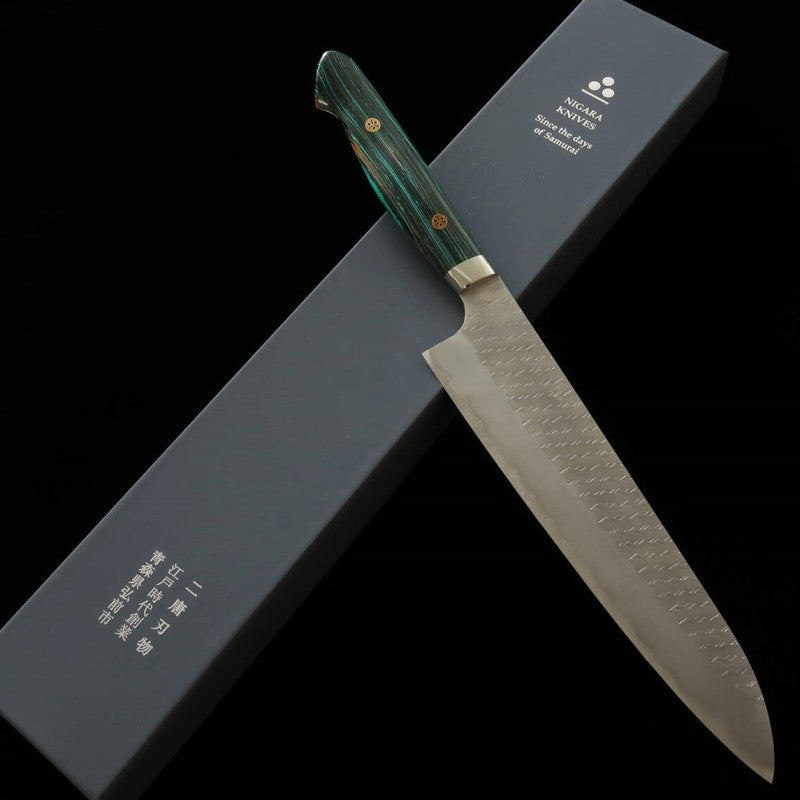 Nigara Hamono NIGARA SG2 Gyuto martelé poli, manche turquoise (240mm)