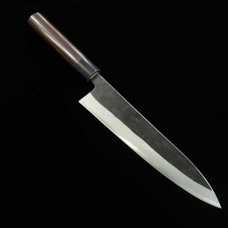 IKENAMI HAMONO Acier Shirogami 1 Inox soudé Finition brute Gyuto Manche cerisier (210-270 mm)
