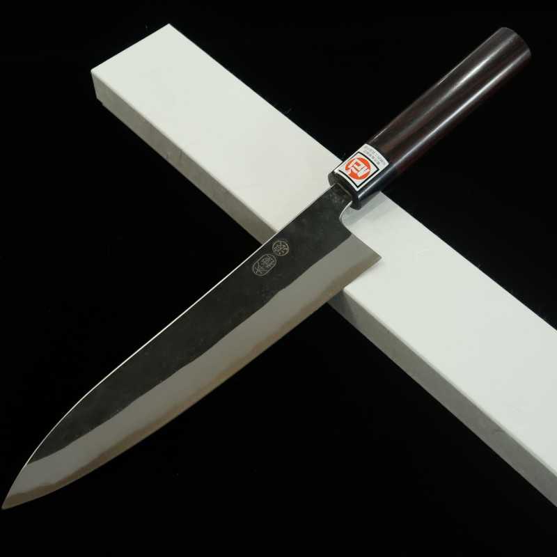 IKENAMI HAMONO Acier Shirogami 1 Inox soudé Finition brute Gyuto Manche cerisier (210-270 mm)