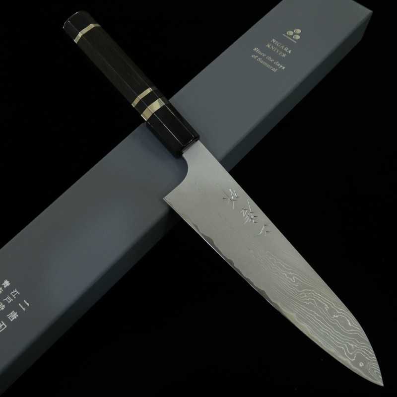 NIGARA Forged Works Gyuto Aogami #2 Damasco, cabo de ébano com prata (210mm)