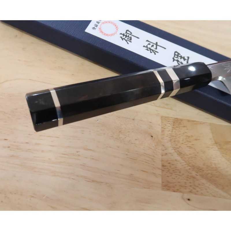 Kandokoro Yanagiba MIURA Obidama VG-10 acabado espejo plano, mango octogonal de ébano con doble anillo de plata (270/300 mm)
