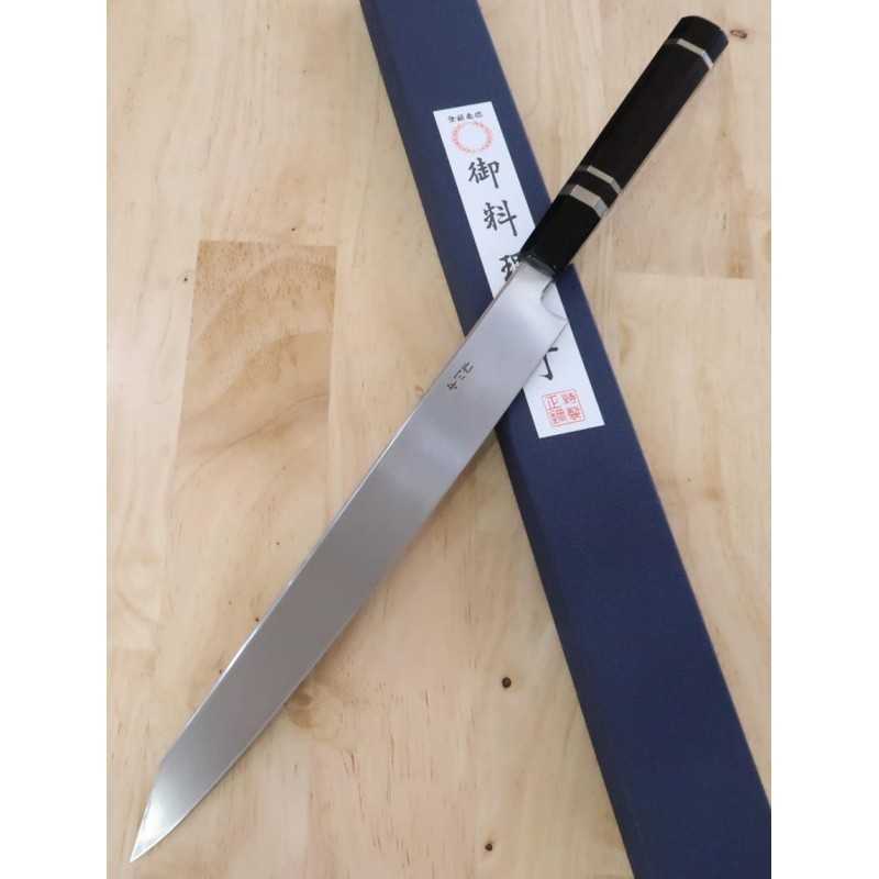 Kandokoro Yanagiba MIURA Obidama VG-10 acabado espejo plano, mango octogonal de ébano con doble anillo de plata (270/300 mm)
