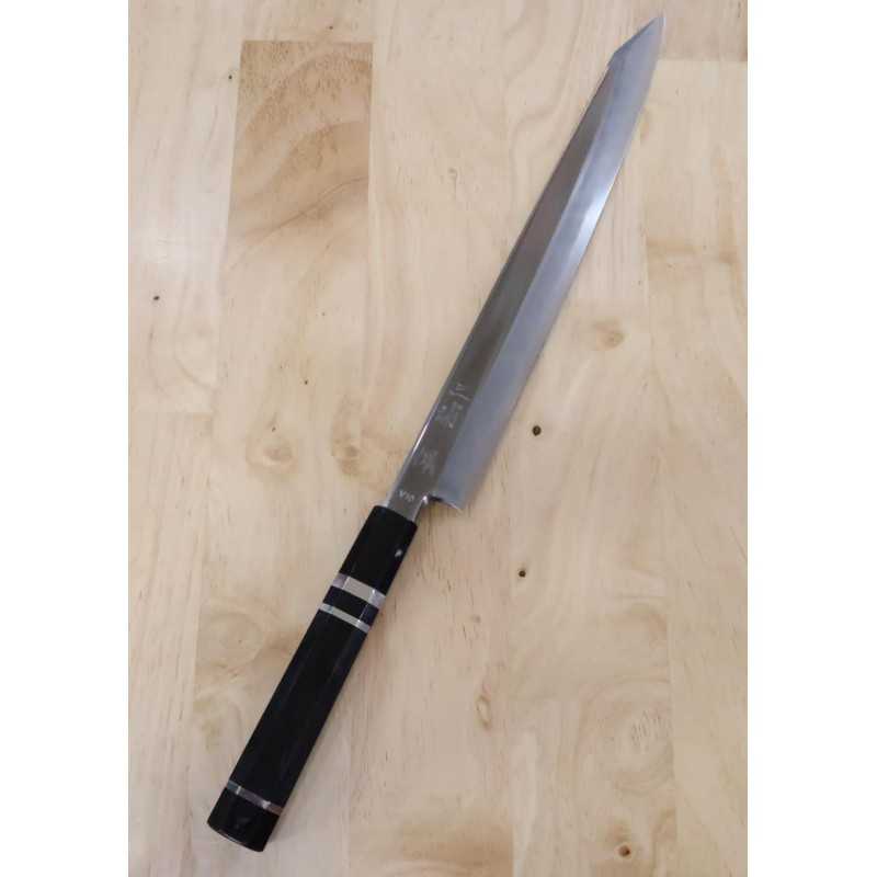 Kandokoro Yanagiba MIURA Obidama VG-10 acabado espejo plano, mango octogonal de ébano con doble anillo de plata (270/300 mm)