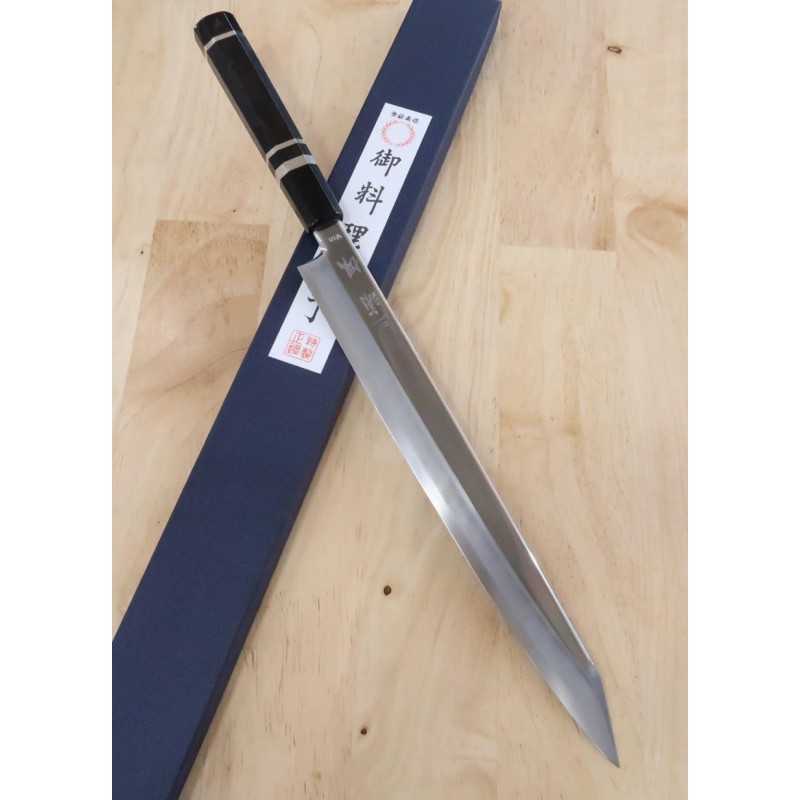 Kandokoro Yanagiba MIURA Obidama VG-10 acabado espejo plano, mango octogonal de ébano con doble anillo de plata (270/300 mm)