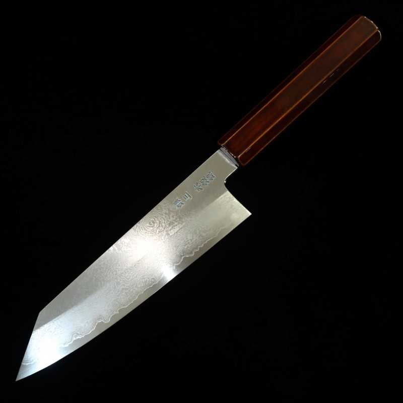 HADO Hamon en acier Gin-san n°3, Damas, Santoku kiritsuke, manche octogonal en cerisier laqué naturel (180mm)