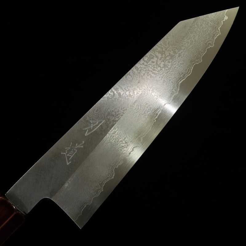 HADO Hamon en acier Gin-san n°3, Damas, Santoku kiritsuke, manche octogonal en cerisier laqué naturel (180mm)