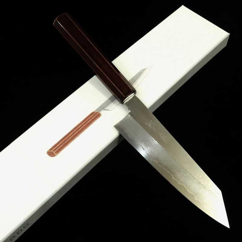 HADO Hamon en acier Gin-san n°3, Damas, Santoku kiritsuke, manche octogonal en cerisier laqué naturel (180mm)