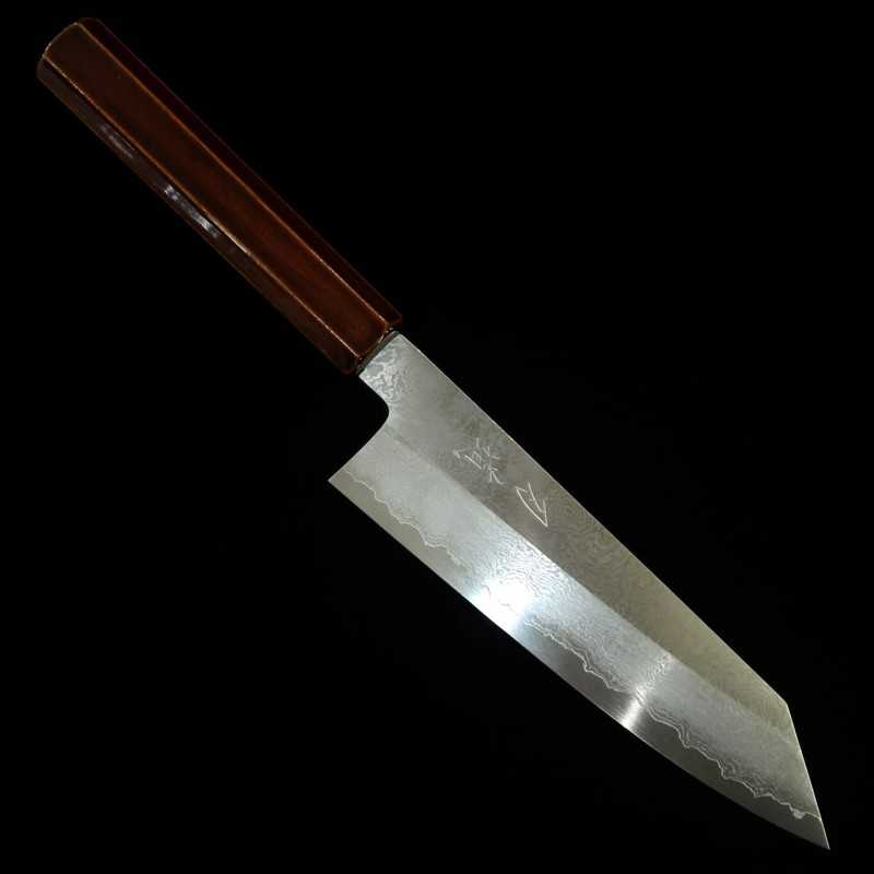 HADO Hamon en acier Gin-san n°3, Damas, Santoku kiritsuke, manche octogonal en cerisier laqué naturel (180mm)