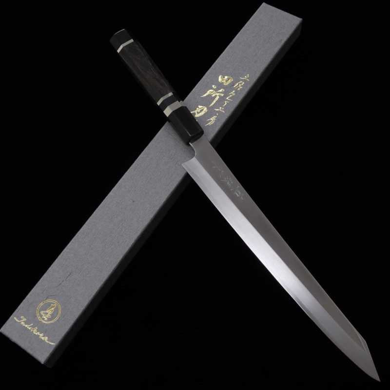 Kiritsuke Sujihiki TADOKORO HAMONO Makoto, Ginsan, acabado de espejo, mango de ébano con virola de plata (270 mm)