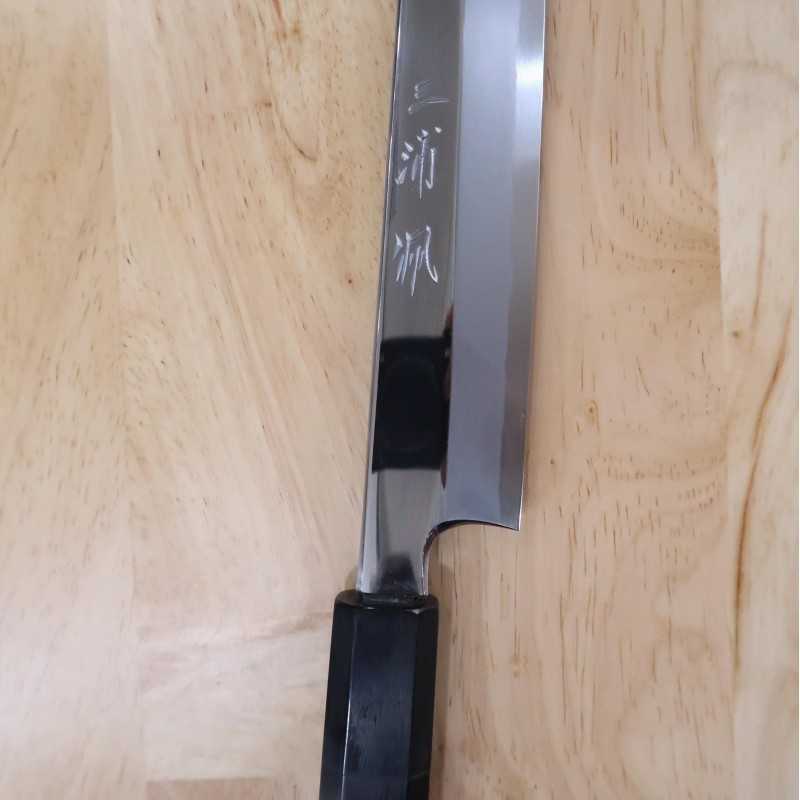 Miura Obidama Aço Branco No.2 Yanagiba Kiritsuke acabamento espelhado, cabo octogonal em ébano (270/300mm)