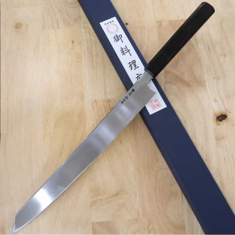 Miura Obidama Aço Branco No.2 Yanagiba Kiritsuke acabamento espelhado, cabo octogonal em ébano (270/300mm)