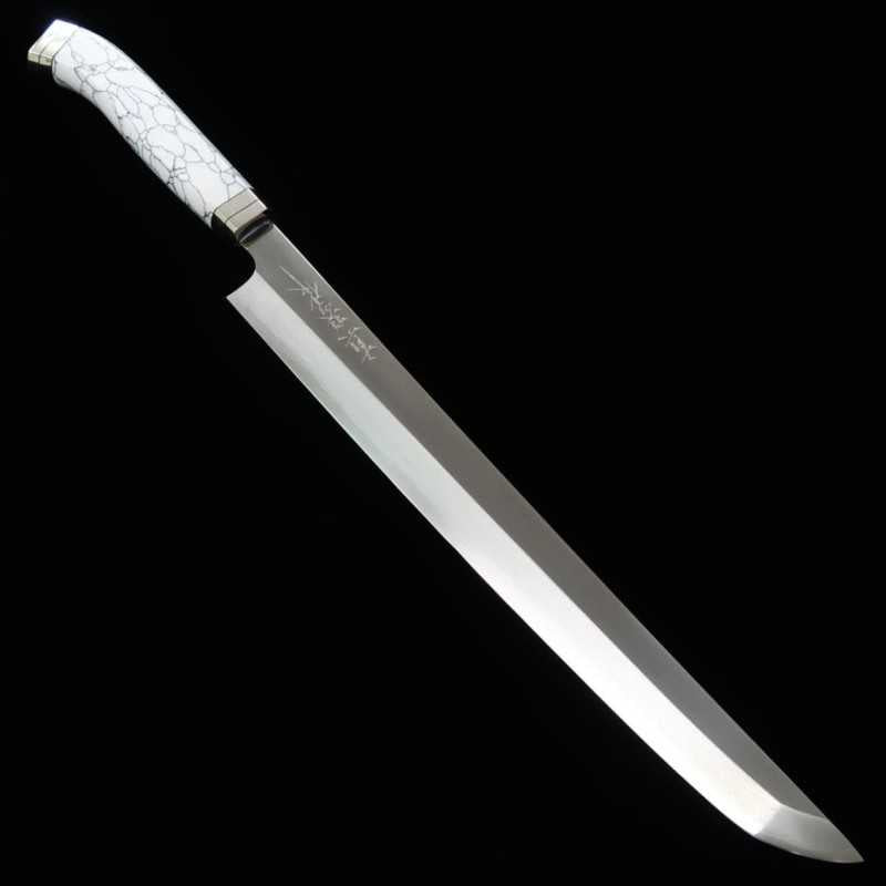 TADOKORO HAMONO Makoto Saku Saki-maru Takobiki, miroir, acier Gin-san n°3, manche Corian (300 mm)