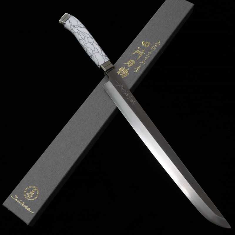TADOKORO HAMONO Makoto Saku Saki-maru Takobiki, miroir, acier Gin-san n°3, manche Corian (300 mm)
