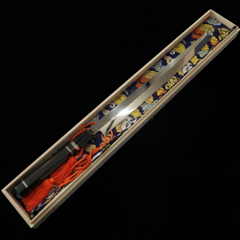 SUISIN Sakimaru Takohiki Mizuhonyaki Yoshikazu Ikeda Shirogami No. 1 Ebony silver-wrapped handle Full mirror finish Lacquered sheath Paulownia box Nishiki bag (360mm)