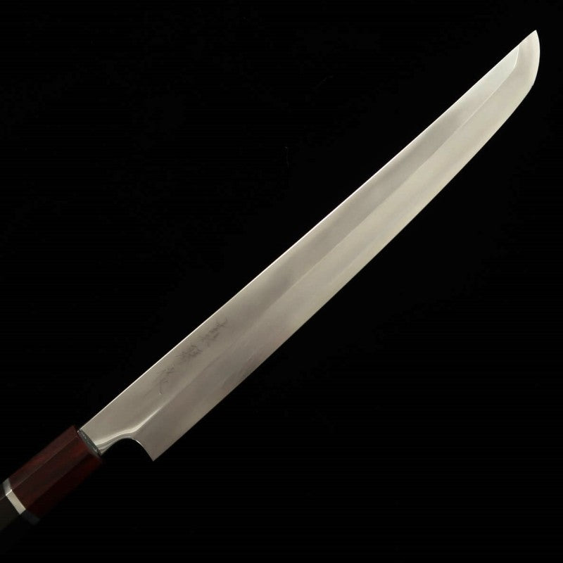 TADOKORO HAMONO Sakimaru Takohiki Makoto Ginsan Mirror Finish Ebony Handle and Red Ferrule (300mm)