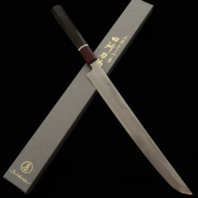 TADOKORO HAMONO Sakimaru Takohiki Makoto Ginsan Mirror Finish Ebony Handle and Red Ferrule (300mm)