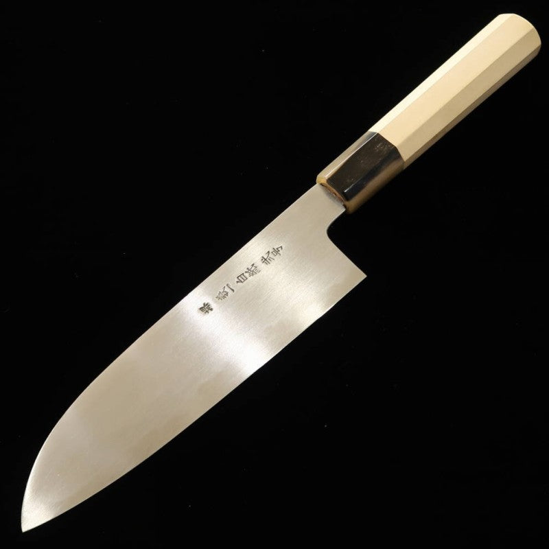 Miura Chô Santoku acier blanc n°2 finition hairline manche octogonal en magnolia (180mm)