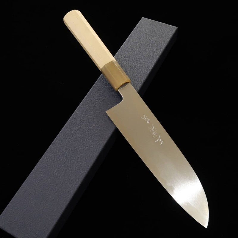 Miura Chô Santoku acier blanc n°2 finition hairline manche octogonal en magnolia (180mm)