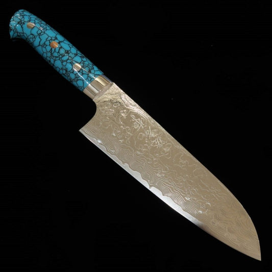 Saji Takeshi R2, finition diamant, Santoku, turquoise bleue (180 mm).