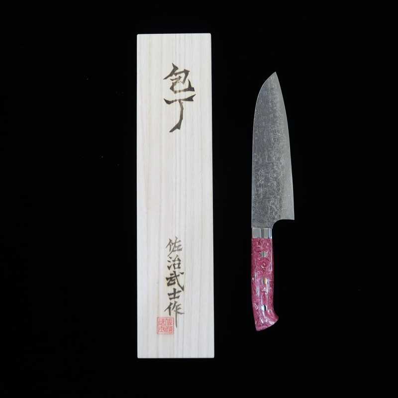 SAJI TAKESHI Santoku R2 Diamond Finish Red & White Turquoise (180mm)