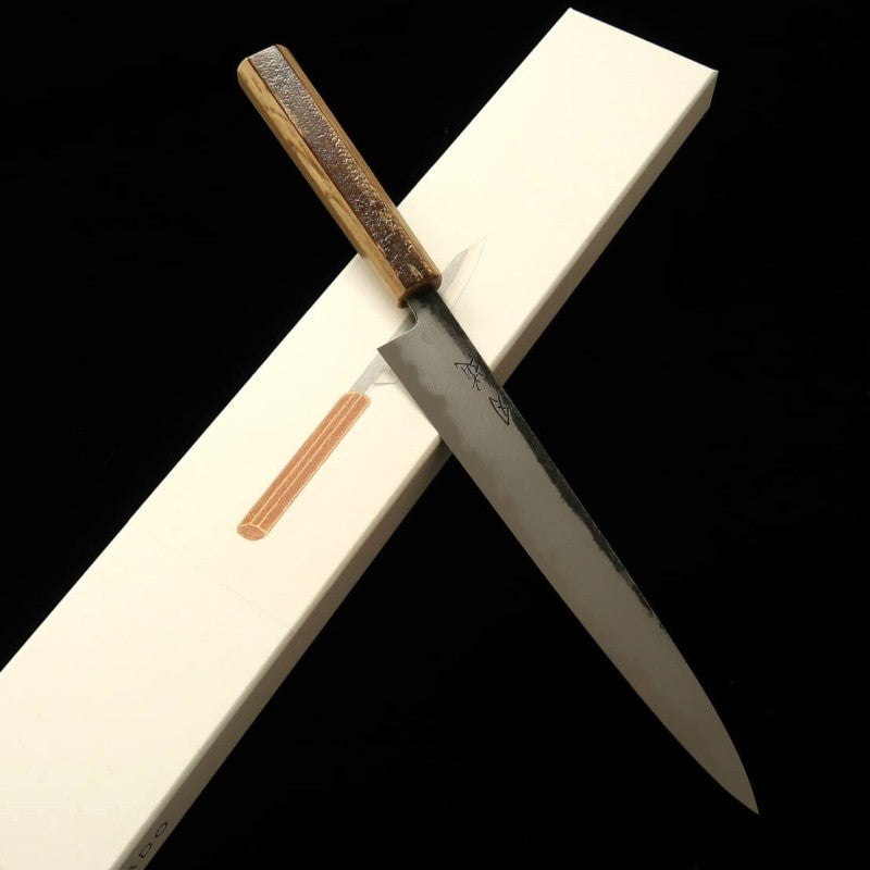 Hado Sujihiki Aogami #1 Kurouchi Damasco cabo de casca de cerejeira com padrão marmorizado (240/270mm)