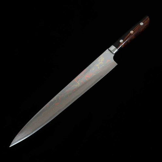 SAJI TAKESHI Sujihiki acier bleu #2, damas coloré, bois de fer (270mm)